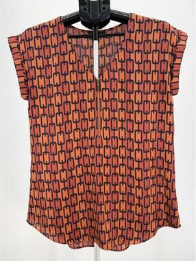Modern Orange Geometric Print Blouse Gold Zipper Detail Size M